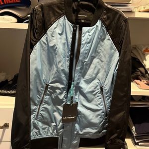 Mackage mini boys black and sky blue lightweight bomber size 12 with leather